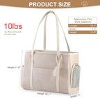 Fashion Dog Carrier Purse, Premium Leather Cat Carrier Bag, Airline Approved Soft Sided Pet Travel Tote Bag with Pockets Beige