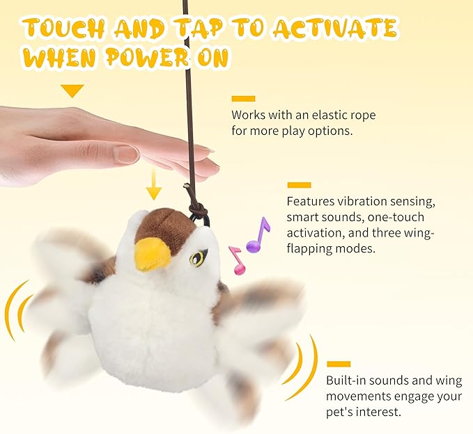 Cat Toys Flapping Bird, Lifelike Sparrow Chirp Tweet, Rechargeable Touch Activated Kitten Toy Interactive Exercise Toys for All Breeds Cat Kicker Catnip Toys, No Flying (Large 8.6 x 3.7)