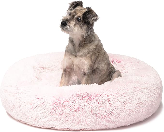 Friends Forever Donut Dog Bed Faux Fur Fluffy Calming Sofa For Small Dogs, Soft & Plush Anti Anxiety Pet Couch For Dogs, Machine Washable Coco Pet Bed with Non-Slip Bottom, 23"x23"x6" Pink