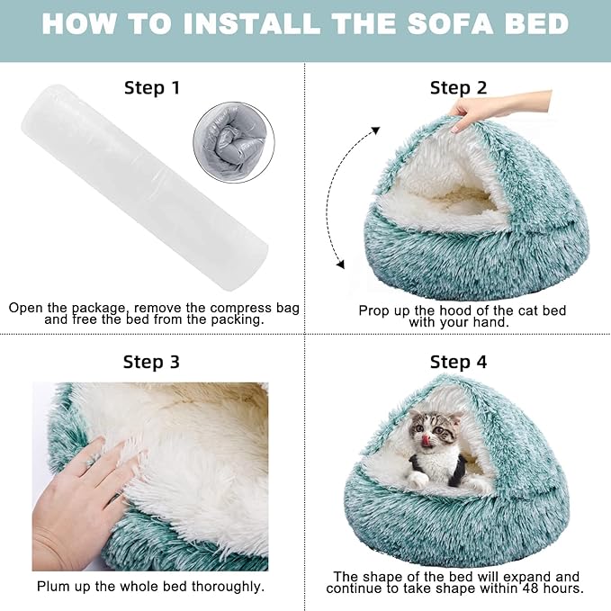 Cat Bed Round Hooded Plush Fluffy Cat Bed Cat Cave Bed for Indoor Cats & Dogs Burrow Cat Donut Small Dog Bed Calming Pet Beds Fuzzy Coverd Cat Nest Puppy Bed Tent Machine Washable