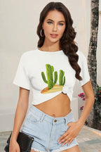 Womens Summer Crop Tops Short Sleeve Round Neck T-Shirts Loose Fit Casual Blouse