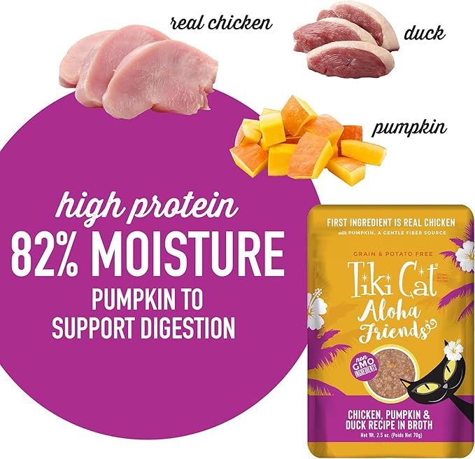 Tiki Cat Aloha Friends, Chicken, Pumpkin & Duck, Grain-Free & High Moisture, Wet Cat Food for All Life Stages 2.5 oz. Pouch (12 Count)
