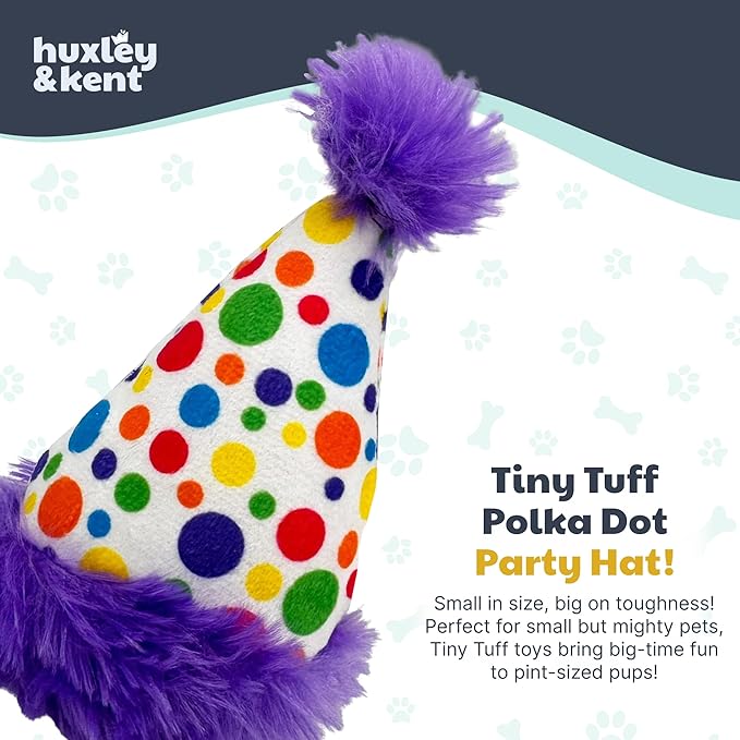 Huxley & Kent Funny Dog Toy w/Squeaker – Power Plush Squeaky Dog Toys for Small Dogs – Durable Small Stuffed Animal for Indoor Play & Fetch - Tiny Tuff Polka Dot Party Hat
