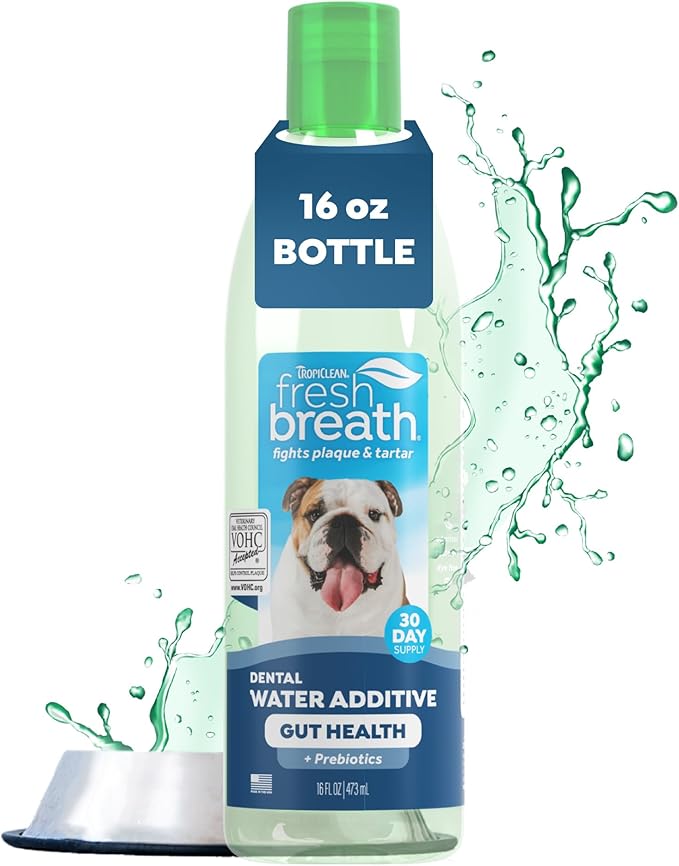 TropiClean Fresh Breath Water Additive for Dogs with Prebiotics, Gut Health for Dogs, Breath Freshener and Teeth Cleaning Solution, 16oz.