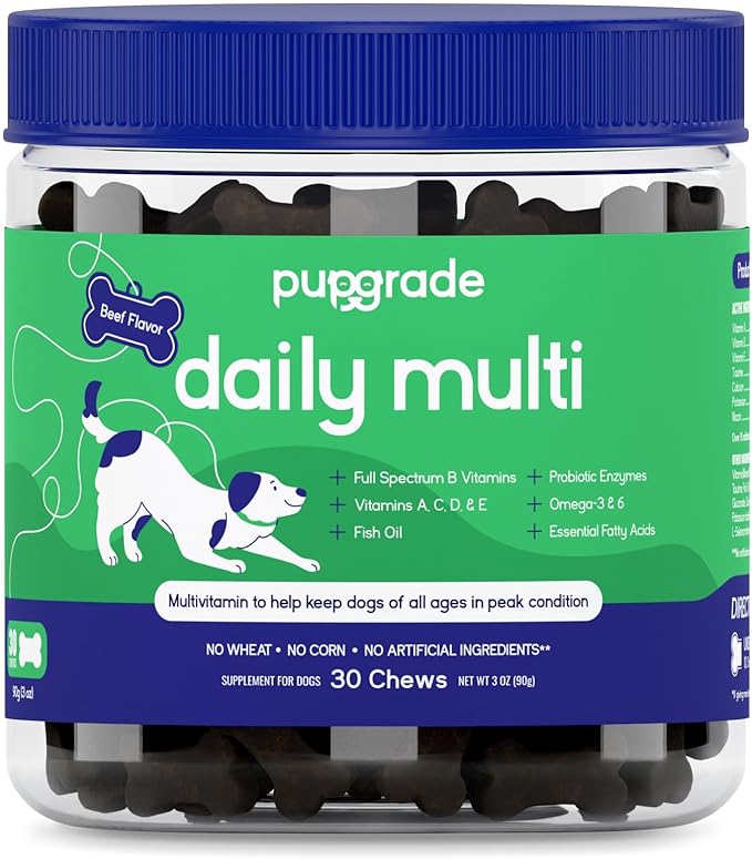 PupGrade Daily Multivitamin for Dogs - All-in-One Supplement for Digestive, Immune, Skin and Coat Health - 32 Healthy Nutrients, Probiotic Enzymes, Omega Fish Oil, Vitamins A, C, D & E - 30 Soft Chews
