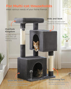 XL Cat Tower 44" Cat Tree for Large Cats 20 lbs+, 2 Spacious Condos with 3.4" Thickened Scratching Post, Large Top Perch, 2 Interactive Toys, Dark Grey