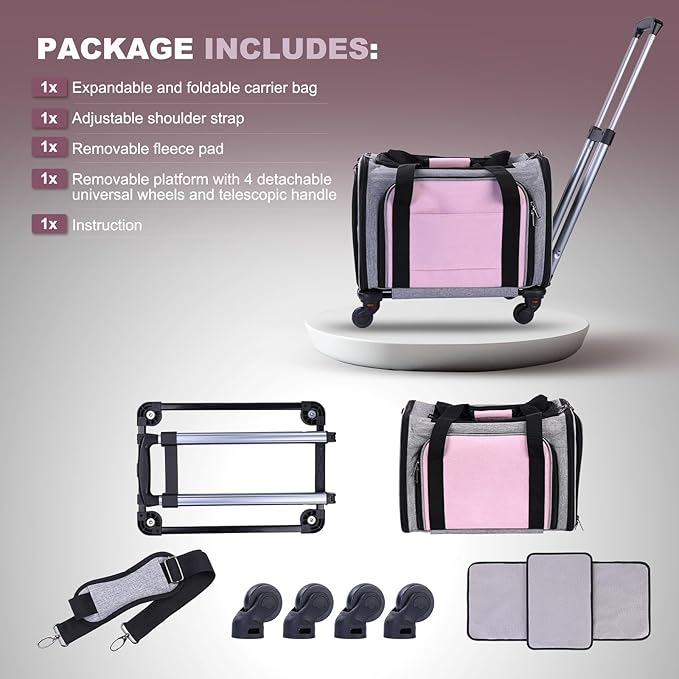 Pet Carrier Airline Approved on Wheels - Two Sided Expandable Cat Soft Carrier for Puppy and Cats Under 26lbs, Rolling Cat Carrier for Airplane, Camping, Outdoor
