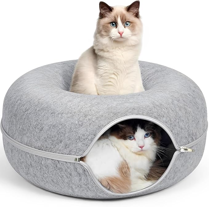 24inch-Tunnel Bed for Indoor,cattasaurus Peekaboo cat cave for Multiple,Detachable Felt Felt Washable Interior for Indoor Cats,Donut Tunnel (Light Gray)
