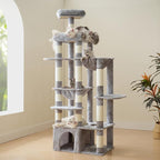 Heybly Heavy Duty Cat Tree, 71-Inch Tall Tower for Large Maine Coon with Extra-Large Baseboard, Cat Condo Furniture with Multi-Level Platforms, 2 Hammocks and 12 Scratching Posts, Light Gray HCT037W