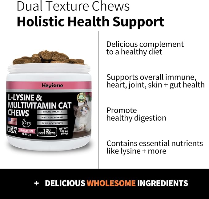 Lysine Supplement for Cats, Cat Treats for Sneezing and Runny Nose, Cat Cold, Cat Immune Support, Eye Function, and Respiratory Health, L-Lysine cat Vitamins for Cats (120 Pills, Salmon)
