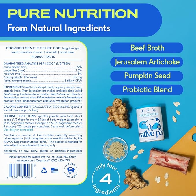 Native Pet Probiotics for Dogs - Dog Probiotics Powder for Digestive Health, Gut Support, & Immune Boost – Vet-Formulated Powder for Maximum Potency with Digestive Enzymes & Prebiotics - 60 Scoops