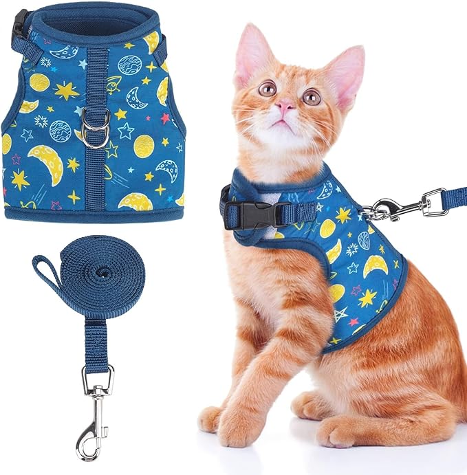 BINGPET Cat Harness with Leash Escape Proof - Fashionable Mesh Cat Dog Walking Harness Leads, Adjustable for Kitties Puppies Small Animals,Galaxy,XL