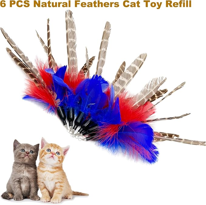Cat Feather Toys Refills, 6 Pieces Handmade Da Bird Feathers Refill, Cat Wand Replacement Feather for Indoor Cats (A)