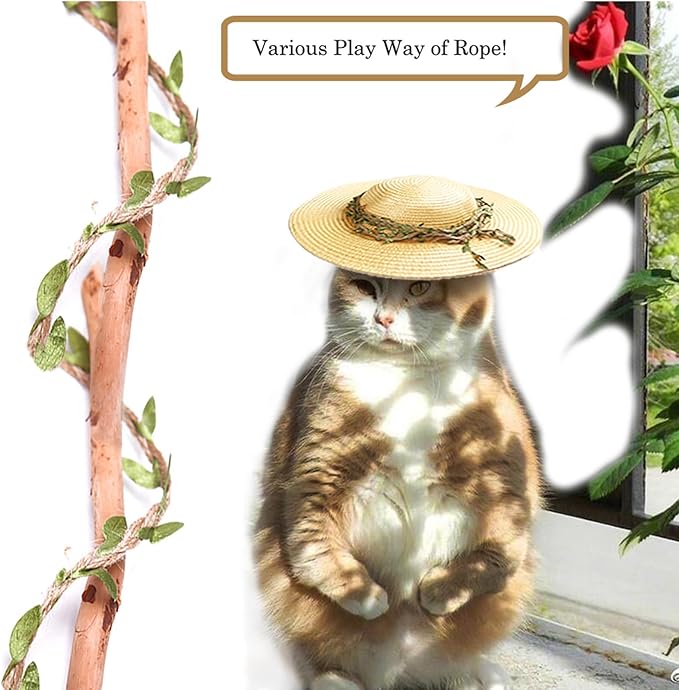 Hemp Rope for Cat Scratch Post Tree Replacement - Cat Scratcher Accessories with Artificial Leaves/Home Vine Ribbon Decoration for Art & Crafts