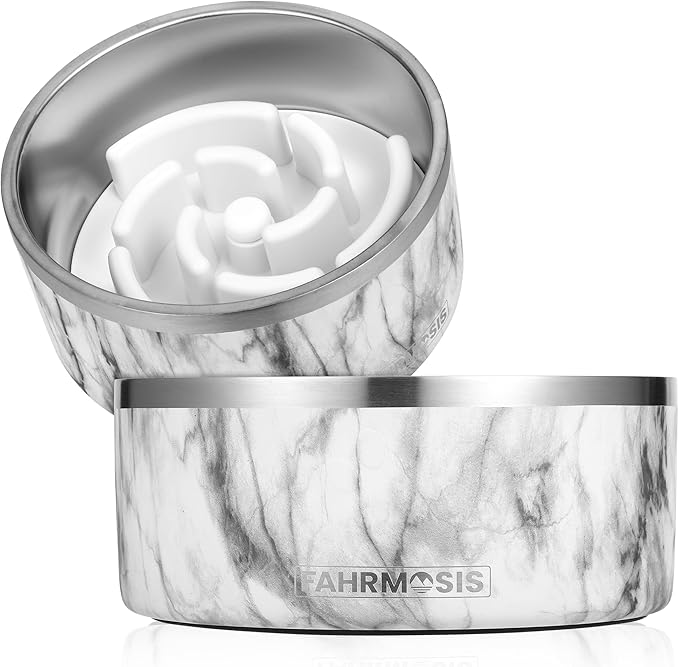 64 OZ Dog Bowl with Slow Feeder Insert Stainless Steel Pet Water Bowl for Medium & Large Breed Non Slip Rubber Base & Plastic Puzzle Feeder - White Marble