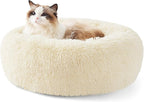 Bedsure Calming Cat Beds for Indoor Cats - Small Cat Bed Washable 20 inches, Anti-Slip Round Fluffy Plush Faux Fur Pet Bed, Fits up to 15 lbs Pets, Cream