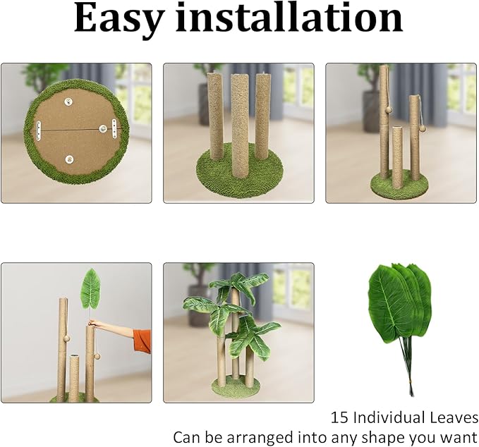 Fhiny 35.4"Tall Cat Scratching Post, Cat Scratcher with 3 Scratching Poles for Adult Kitten Scratching Tree Hanging Ball Toy Cute Canna Vertical Kitty Activity Center for Indoor Large Cat Kitty Rabbit