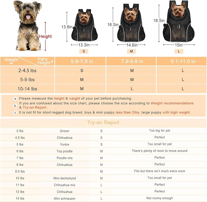 WOYYHO Pet Dog Carrier Backpack Small Dog Front Backpack Ventilated Mesh Dog Travel Back Pack with Safety Belt for Travel Hiking Cycling Outdoor Adventures (Size M: 5-9 lbs, Black)