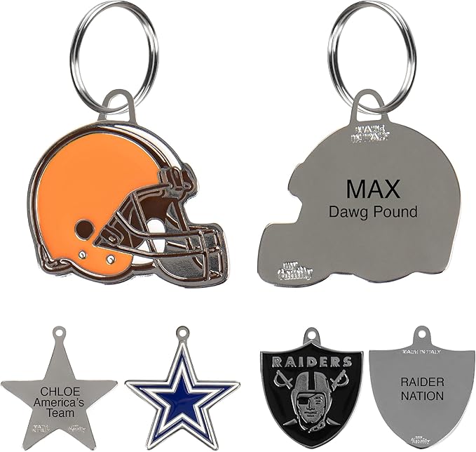 NFL Cleveland Browns Engraving Pet ID Tags in 32 Team Logo Shapes - Personalized Cat and Dog Tags with 3 Lines of Text for Safety and Tracking. Stainless Steel