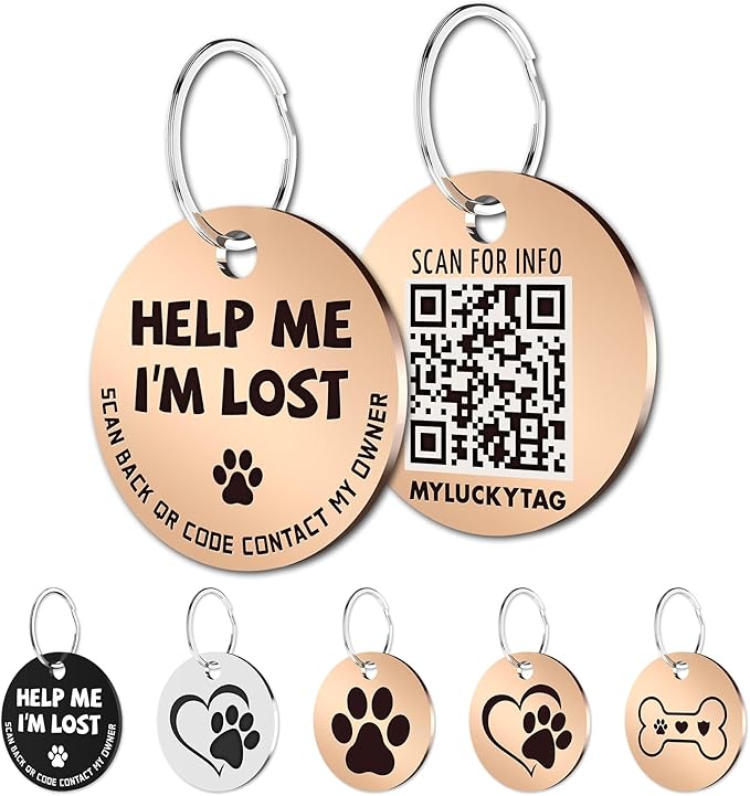 MYLUCKYTAG Stainless Steel QR Code Dog Tags - Scan QR for Instant Pet Location Alerts