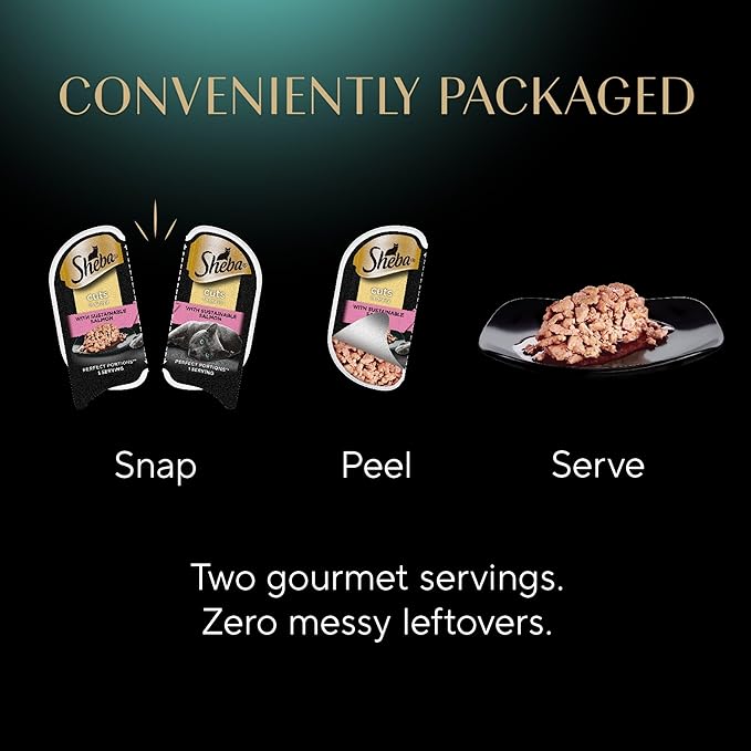 Sheba Perfect Portions Wet Cat Food Cuts in Gravy, Roasted Chicken Entree, Tender Turkey Entree, with Sustainable Salmon, and with Sustainable Tuna, 2.6 oz. Twin-Pack Trays (24 Count, 48 Servings)