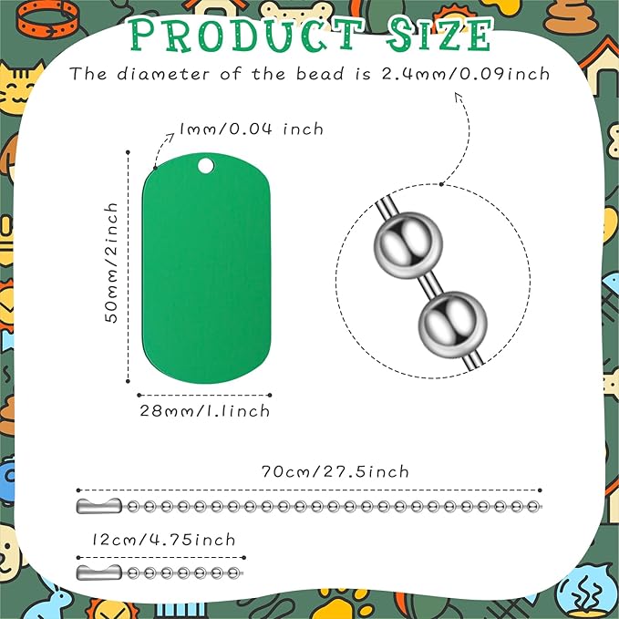 Yinkin 200 Pcs Personalized Military Dog Tags Set Including 100 Pcs Aluminum Blank Dog Tags for Engraving 100 Ball Steel Chain Rectangle Metal Blank Stamping Label for DIY Craft(Green)