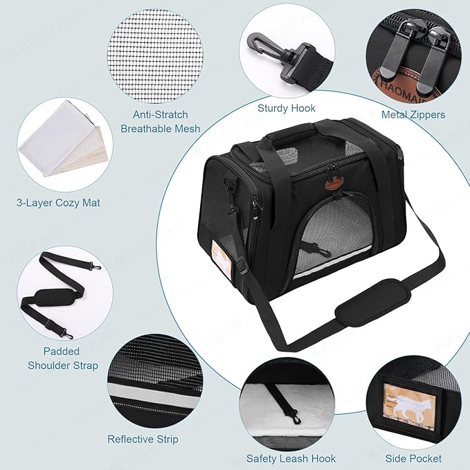 Cat Carrier Dog Carrier Pet Carriers for Medium Small Cats Dogs Puppies up to 15 Lbs,TSA Airline Approved Small Dog Cat Carriers Soft Sided,Collapsible Travel Puppy Carrier (Black, Large)