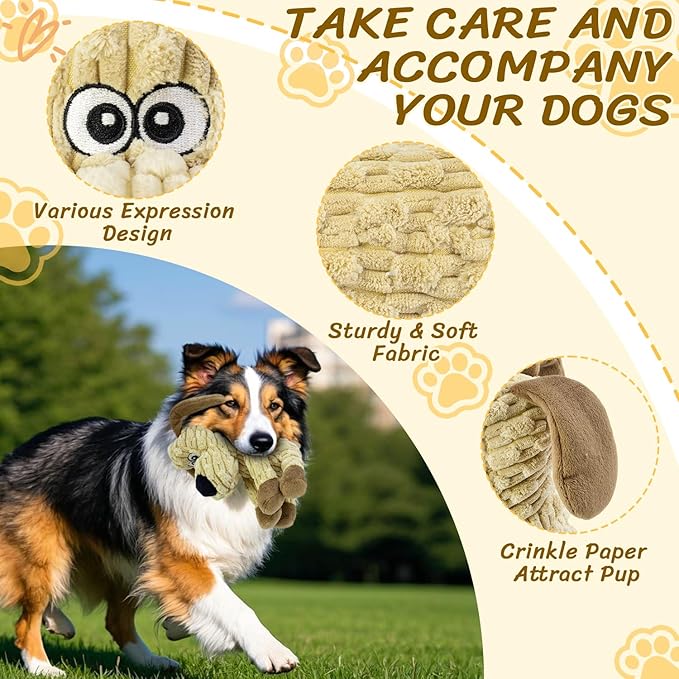 Squeaky Stuffed Dog Toys, Chew Toy for Large Medium Small Breeds, Plush Dog Toys to Keep Them Busy, Puppy Teething Dog Toy, Crinkle Dog Toy (Khaki Dog)