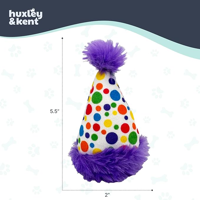 Huxley & Kent Funny Dog Toy w/Squeaker – Power Plush Squeaky Dog Toys for Small Dogs – Durable Small Stuffed Animal for Indoor Play & Fetch - Tiny Tuff Polka Dot Party Hat