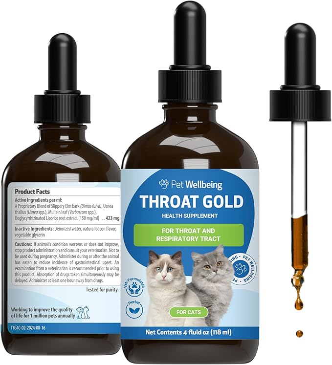 Pet Wellbeing Throat Gold for Cats - Cat Respiratory Support, Occasional Cough & Hoarseness with Mullein & Slippery Elm - NASC Certified & Vet-Formulated - 4 oz Liquid Formula