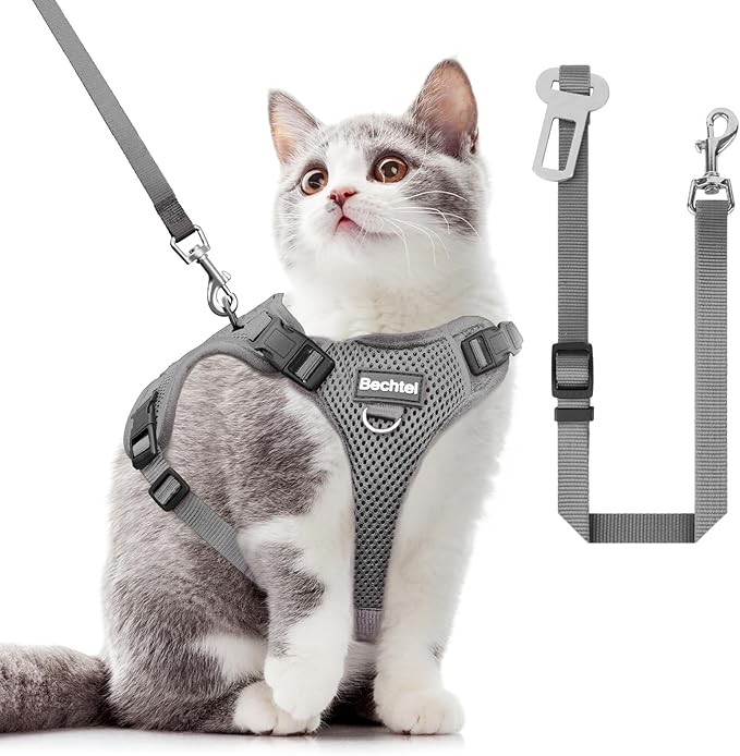 Cat Harness and Leash Set for Walking Escape Proof, Adjustable Soft Kittens Vest with Reflective Strip for Cats, Comfortable Outdoor Vest, Cat Car Leash, Grey, XS