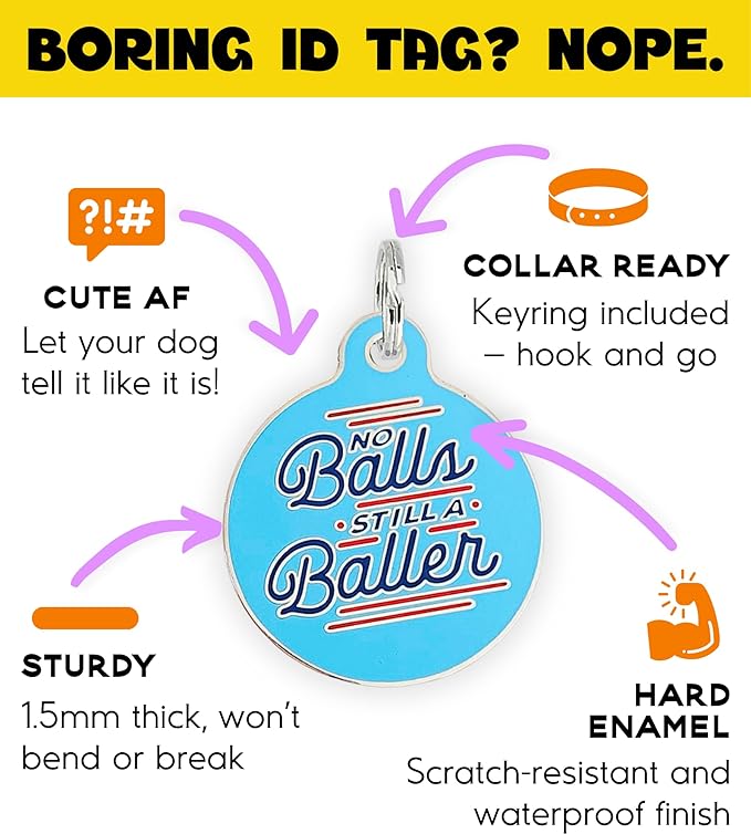 Personalized QR Code Dog Tags - Choose from 25+ Tag Designs - QR Code Links to Your Profile - Unique, Cute, Funny, Sassy Pet ID Tag (No Balls Still A Baller, Large (1.25 inch))