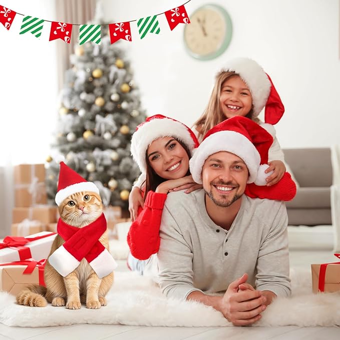 2 Pcs Pet Christmas Hat and Scarf Set, Santa Costume Accessories for Small Dogs and Cats, Adjustable Holiday Outfit for Puppy Kitten Xmas Party and Winter Dress Up