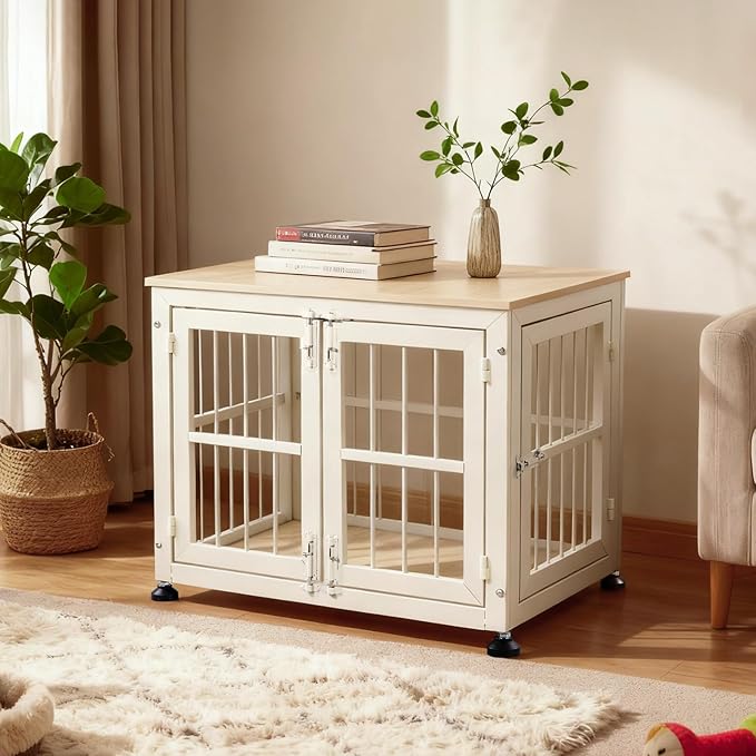 32 Inch Heavy Duty Dog Crate Furniture for Medium and Small Dogs, Decorative Pet House End Table, Wooden Cage Kennel Furniture Indoor with Double Doors, Sturdy Dog Cage for Anxiety Dog