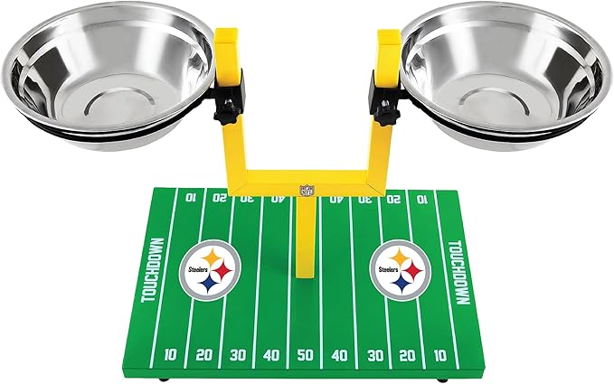 NFL Pittsburgh Steelers Goalpost Football Field Dog Feeder – Adjustable Elevated Dog Bowls with Stand, 2 Stainless Steel Bowls, Non-Slip Rubber Feet, Raised Pet Feeder for Large & Small Dogs, Cats.