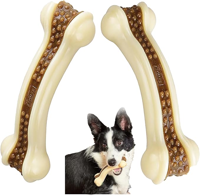 Dog Bones Chew Toys for Aggressive Chewers, 2 Pack Real Beef Flavor,Indestructible Dog Teething Chew Toys for Large/Medium/Small Breed,Tough Toy with Durable Nylon