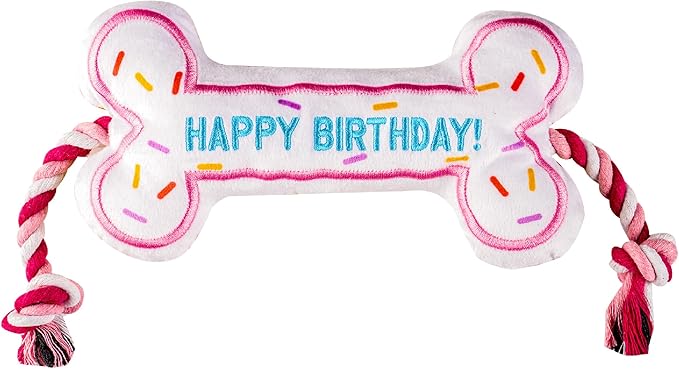 Birthday Bone Interactive Dog Toy - Interactive Tug Rope Pet Toy - Cute Unique Design Party Birthday Gift - Small Medium Puppy - Durable Chew Resistant Plush with Squeaker for Teething (Pink)