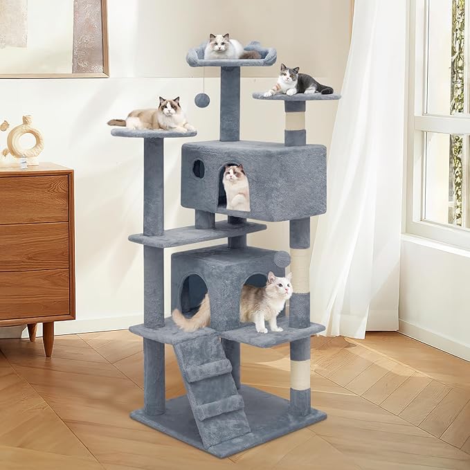 MoNiBloom 54 Inch Cat Tree Tower for Indoor Cats Large Adults, Cat Tower with Scratching Post, Multi-Level Furniture Activity Center with Cat Condo Pet Play House, Light Grey