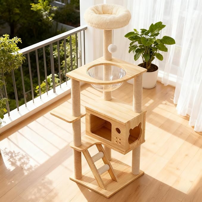 48.8" Cat Scratching Post, Tall Wood Cat Tree with Sisal-Covered Scratching Tower, Stable Cat Scratch Post for Indoor Cats, Modern Cat Tower with Top Perch & Acrylic Hammock for Small & Large Cats