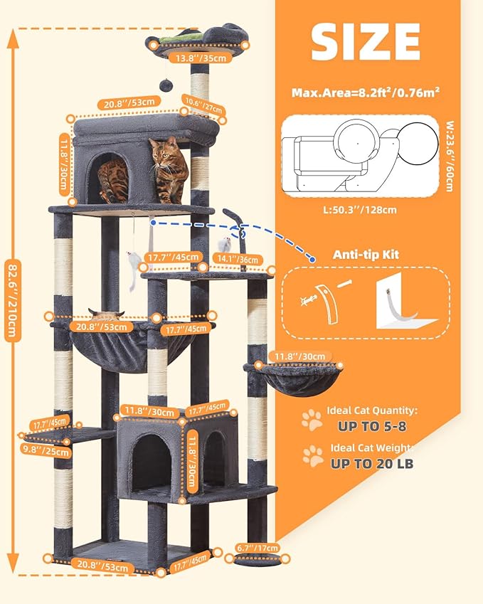 Taoqimiao 83In Heavy Duty Cat Tree, Suitable 20lb+ Large Cats, XXL-Cat Tower for Indoor Cats Large Adult, 2 Luxurious Cat Cando with 8 Scratching Posts,Oversized Metal Hammocks,Smoky Gray MS032G