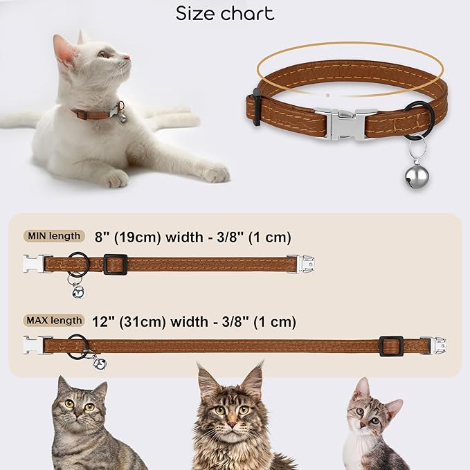 Leather Cat Collar with Buckle and Removable Bell - Non Breakaway Adjustable Soft Safety Small Pet Collars for Girl Boy Cats Kitten (Brown)