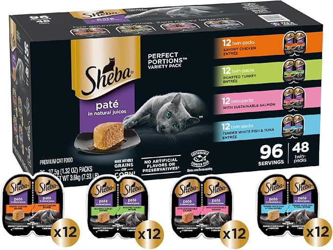 Sheba Perfect Portions Wet Cat Food Pate Savory Chicken, Roasted Turkey, with Sustainable Salmon, and Tender Whitefish & Tuna Variety Pack, 2.6 oz. Twin-Pack Trays (48 Count, 96 Servings)
