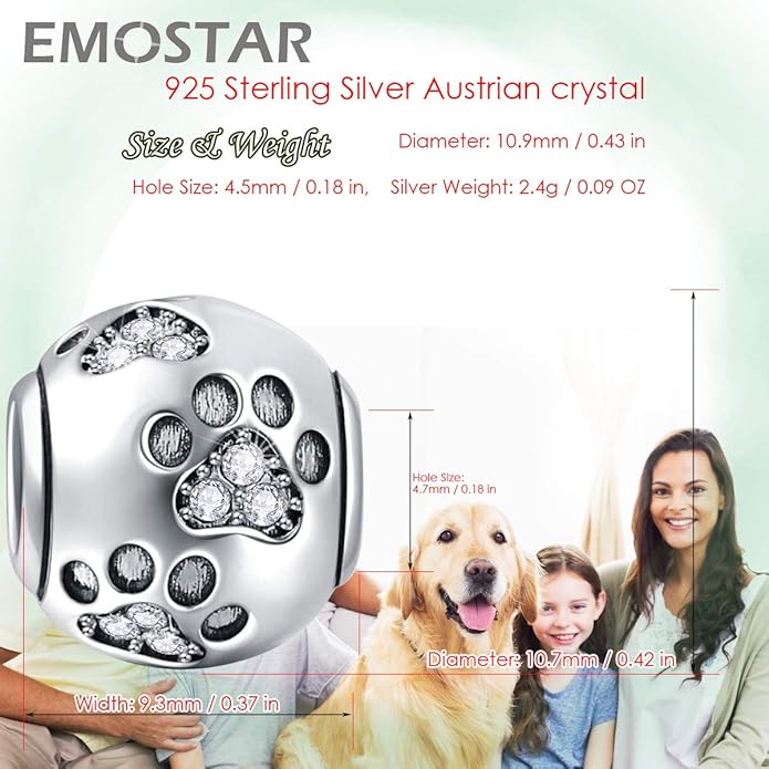 EMOSTAR Dog Paw Print Charms with Various Birthstone Crystals, 925 Sterling Silver Pawprint Beads for 3mm Snake Chain, Pet Lover Gifts for European Women Bracelet