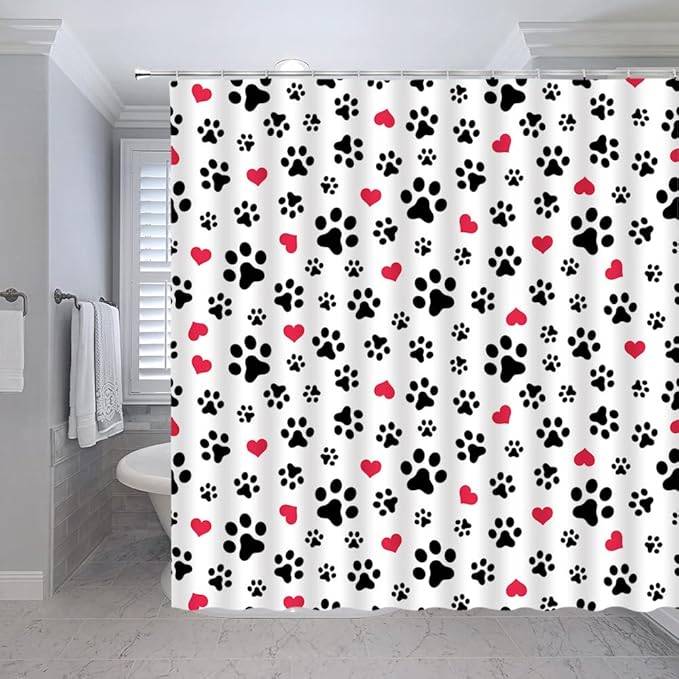 Dog Paw Print Shower Curtain Pet Lovers Cute Kitten Cat Footprint Red Love Heart Abstract Geometric Drawing Style Animal Decor Boys Girls Polyester Fabric Bathroom Curtain 70 x 70 Inch