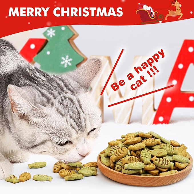 Christmas Catnip Cat Treats, Chicken and Salmon Flavor, Cat Gifts for Christmas, Crunchy Fish Shape Adult Biscuits, 16 oz