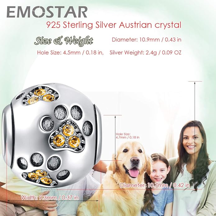 EMOSTAR Dog Paw Print Charms with Various Birthstone Crystals, 925 Sterling Silver Pawprint Beads for 3mm Snake Chain, Pet Lover Gifts for European Women Bracelet