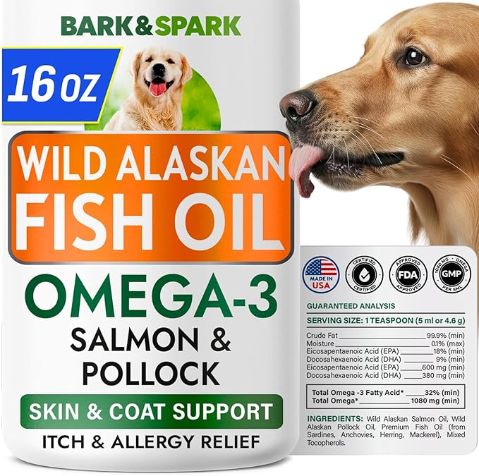 BARK&SPARK Omega 3 Fish Oil for Dogs - w/Wild Alaskan Salmon Oil for Dogs, Fish Oil Liquid Supplement for Pets, EPA+DHA Fatty Acids, Skin&Coat Support - Itch&Allergy Relief, Joint, Immune&Heart Health
