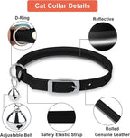OOPSDOGGY Rolled Leather Cat Collar with Bell, Reflective Kitten Collars with Buckle Include Safety Elastic Strap - Adjustable Small Pet Collars for Boy Girl Cats (Black)
