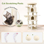 Globlazer Corner Cat Tree for Large Cats, 66inch Tall Curved Series Large Cat Tower for Multiple Indoor Cats with 6 Scratching Posts, 2 Spacious Cat Condos, Hammock, Hanging Basket, C66, Beige