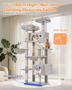 Taoqimiao Cat Tree 71-Inch, Cat Tower for Indoor Cats Large Adult, Multi-Level Large Cat Condo, 8 Sisal Scratching Posts, Metal Frame Cozy Hammock, Scratch Board, 2 Top Perches, Light Gray MS026LW